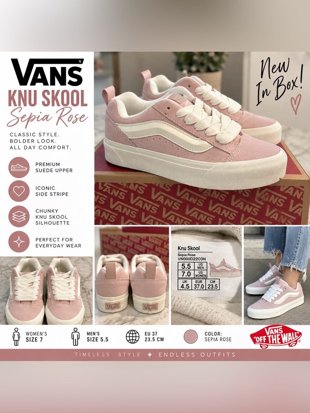 Vans Knu Skool Sepia Rose Pink Platform Sneakers Women’s 7 Men’s 5.5 NIB